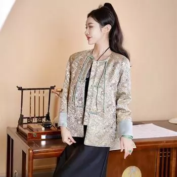 Женский шелковый жаккардовый костюм-пальто Tang: Элегантный, модный, свободного кроя, с круглым воротником и пуговицами. M