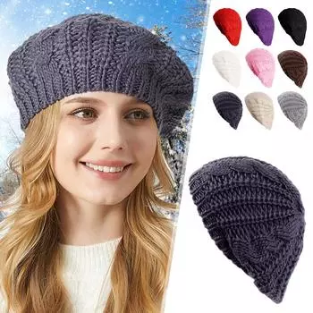 Женский шерстяной берет, теплая зимняя шапка-бини, французская художница, женская однотонная шапка, элегантный стиль Y5K1 Black-One size