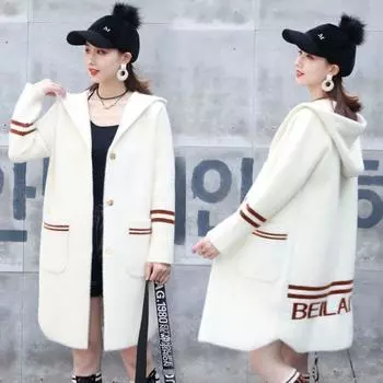 Женский шерстяной кардиган миди с капюшоном поверх свитера из норки в зимнем стиле one size красный