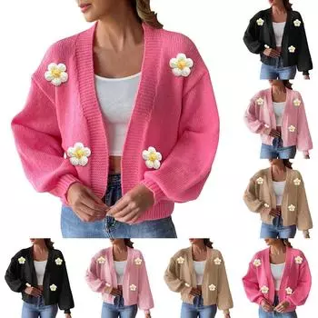 Женский шерстяной кардиган на осень и зиму с вязкой крючком, вязаный свитер, джемпер с длинными рукавами L чёрный