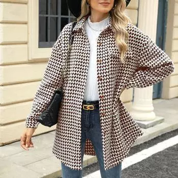 Женский шерстяной кардиган с длинным рукавом и принтом «гусиная лапка» на осень и зиму S кофейный