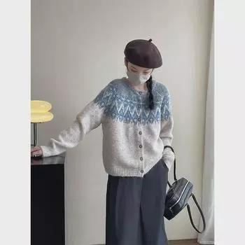 Женский шерстяной кардиган-свитер Taochuan Fair Isle Love - круглый вырез, однобортный, ретро-вязаный свитер для осени/зимы One Size чёрный