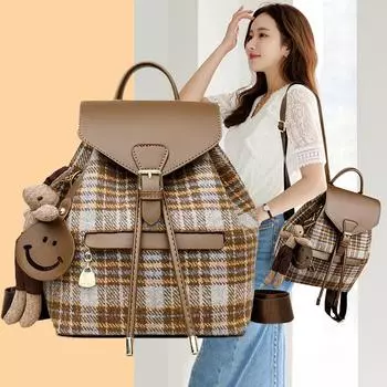 Женский шерстяной клетчатый рюкзак, кожаный дорожный рюкзак большой емкости