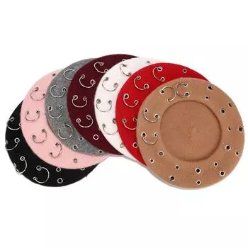 Женский шерстяной персонализированный берет с железным кольцом и люверсом в стиле хип-хоп M чёрный