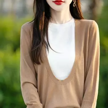 Женский шерстяной свитер Qinghe кашемир 50% шелк 50% шерсть осенне-зимний шерстяной пуловер мягкий и теплый M коричневый