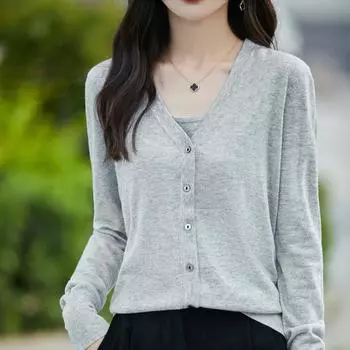 Женский шерстяной свитер Qinghe кашемир 50% шелк 50% шерсть осенне-зимний шерстяной кардиган мягкий и теплый M серый