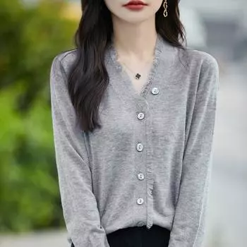 Женский шерстяной свитер Qinghe кашемир 50% шелк 50% шерсть осенне-зимний шерстяной кардиган мягкий и теплый M серый