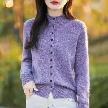 Женский шерстяной свитер Qinghe кашемир 50% шелк 50% шерсть осенне-зимний шерстяной кардиган мягкий и теплый M фиолетовый