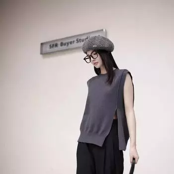 Женский шерстяной свитер с круглым вырезом и неровным разрезом, многослойный жилет без рукавов - машинная стирка L серый