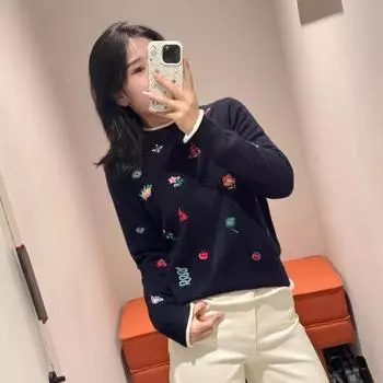 Женский шерстяной свитер с круглым вырезом и вышивкой - зима 2024 г., начес, свободный, вязаный дизайн (E246A0123) S темно-синий