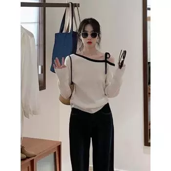 Женский шерстяной свитер с открытыми плечами BRIVIN - Модная коллекция начала осени 2024 года One Size чистый/чёрный