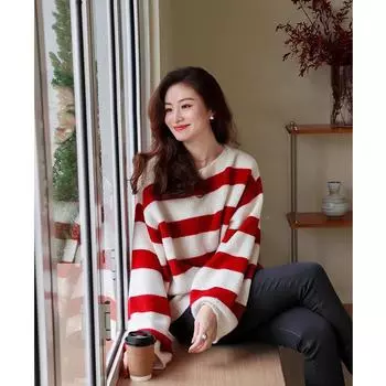 Женский шерстяной свитер в полоску на одно плечо осень/зима 2024 года: Свободный, универсальный и стильный S чёрный/белый
