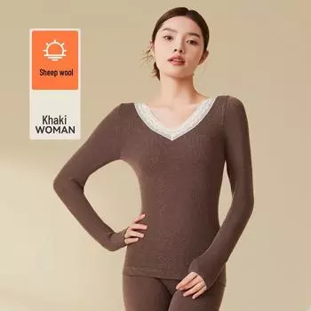 Женский шерстяной термокомплект с V-образным вырезом: Бесшовный, Приталенный крой, Согревающий, Идеально подходит для осени One Size