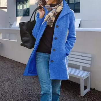 Женский шерстяной тренч, двойное пальто, повседневная куртка с воротником-стойкой и флисовой подкладкой, верхняя одежда L синий