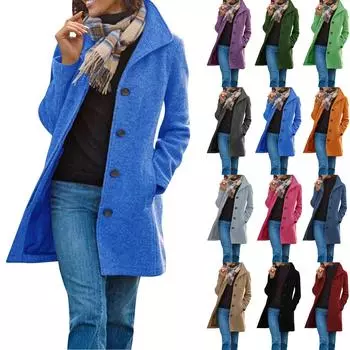 Женский шерстяной тренч, двойное пальто, повседневная куртка с воротником-стойкой и флисовой подкладкой, верхняя одежда L синий