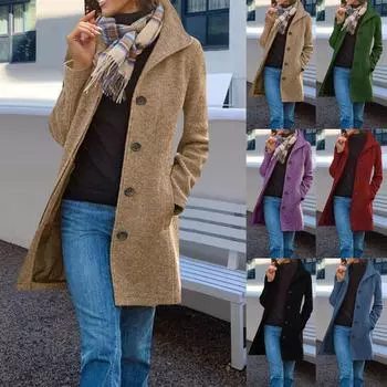 Женский шерстяной тренч, двойное пальто, повседневная куртка с воротником-стойкой и флисовой подкладкой, верхняя одежда S чёрный