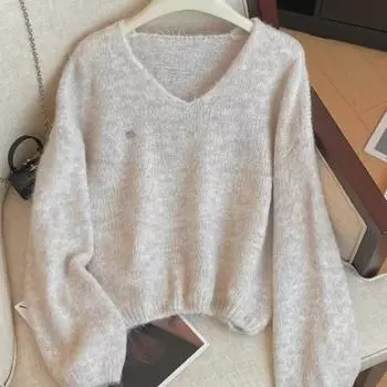 Женский шерстяной трикотажный топ темно-синего цвета с V-образным вырезом и длинными рукавами 2024 года выпуска M (for 50-55 kg) бежевый