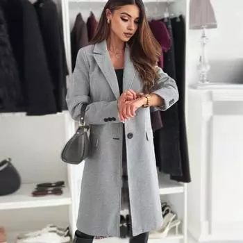 Женский шерстяной жакет с отложным воротником, однобортное пальто однотонного цвета, средней длины, с длинными рукавами, для поездок на работу, свиданий, весна-осень-зима S кофейный