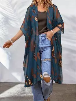 Женский шифоновый кардиган-кимоно с цветочным принтом, солнцезащитная накидка с открытым передом, повседневный стиль для отпуска, синий с рисунком в виде осенних листьев One-size темно-синий