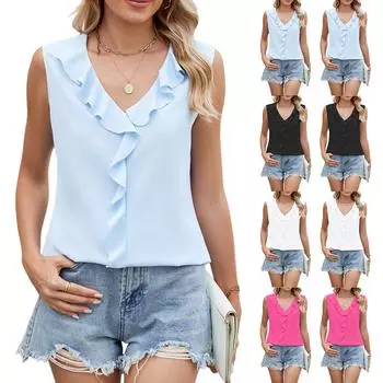 Женский шифоновый свободный топ без рукавов с V-образным вырезом и оборками L чёрный