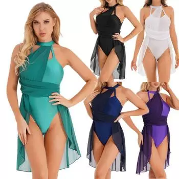 Женский шифоновый танцевальный костюм для гимнастики, лирическое танцевальное платье, современный костюм, шифоновая танцевальная одежда с лямкой на шее S зелёный