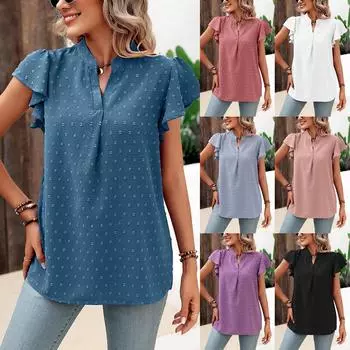 Женский шифоновый топ с v-образным вырезом и короткими рукавами для поездок на работу XXL чёрный