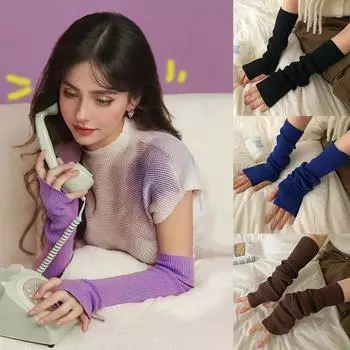 Женский шикарный осенне-зимний аксессуар, стильный однотонный трикотажный гетр для рук, длинный, без пальцев хаки