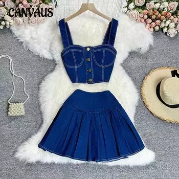 Женский шикарный ретро-костюм в стиле Гонконга с коротким жилетом и мини-юбкой из денима S светло-синий