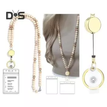 Женский шнурок, выдвижной держатель удостоверения личности, шнур, бусины из натурального дерева, застежка из нержавеющей стали, брелок для учителя, школьный аксессуар A