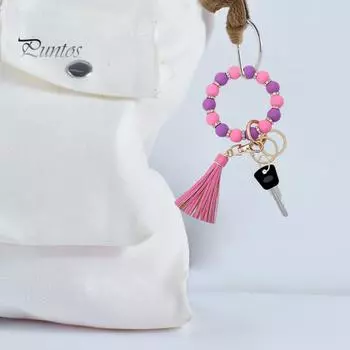 Женский силиконовый брелок для ключей, браслет, эластичный браслет из бисера, металлический брелок из искусственной кожи, держатель для ключей с кисточкой, модные аксессуары, подарок на день рождения A