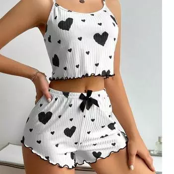 Женский симпатичный комплект пижамы в рубчик из 2 предметов, летний укороченный топ и шорты с принтом в виде сердечек, комплект ночной одежды S красный