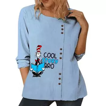 Женский синий хлопковый повседневный топ с круглым вырезом, длинными рукавами и цветочным принтом S