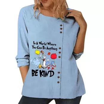 Женский синий хлопковый повседневный топ с круглым вырезом, длинными рукавами и цветочным принтом S