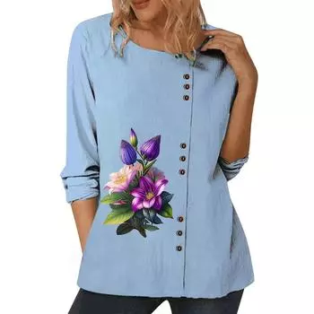 Женский синий хлопковый повседневный топ с круглым вырезом, длинными рукавами и цветочным принтом S