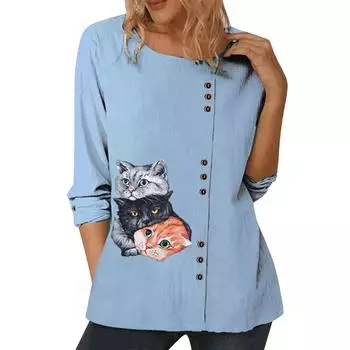 Женский синий повседневный топ с индивидуальными принтами, круглым вырезом, длинными рукавами и пуговицами, размеры S-5XL S