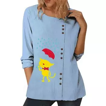 Женский синий повседневный топ с индивидуальными принтами, круглым вырезом, длинными рукавами и пуговицами, размеры S-5XL S