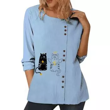 Женский синий повседневный топ с круглым вырезом, длинными рукавами, индивидуальными принтами и украшениями на пуговицах, размеры S-5XL S