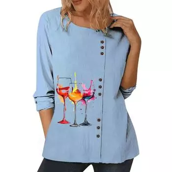 Женский синий повседневный топ с шикарным цветочным принтом и украшением на пуговицах S