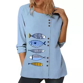 Женский синий повседневный топ с шикарными индивидуальными принтами, круглым вырезом, длинными рукавами и украшениями на пуговицах, размеры S-5XL S