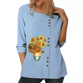 Женский синий повседневный топ с уникальными индивидуальными принтами, круглым вырезом, длинными рукавами и украшением на пуговицах, размеры S-5XL S