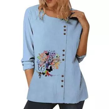 Женский синий повседневный топ с уникальными индивидуальными принтами, круглым вырезом, длинными рукавами и украшением на пуговицах, размеры S-5XL S