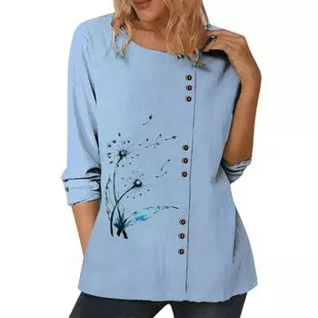 Женский синий повседневный топ со стильными индивидуальными принтами, круглым вырезом, длинными рукавами и пуговицами, размеры S-5XL S
