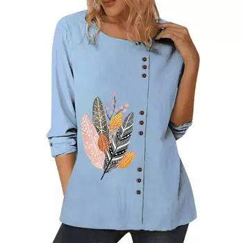Женский синий повседневный топ со стильными индивидуальными принтами, круглым вырезом, длинными рукавами и пуговицами, размеры S-5XL S