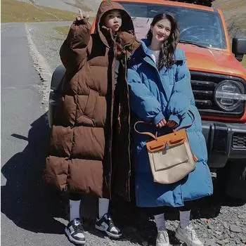 Женский синий пуховик с капюшоном, длинная хлопковая одежда, зимнее теплое утолщенное ветрозащитное корейское свободное пальто большого размера, топы M чёрный