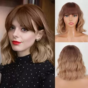 Женский синтетический парик MERISIHAIR с золотистым градиентом и короткой волной с челкой, синтетический парик с золотистым градиентом для повседневной носки