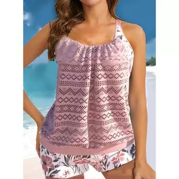 Женский скромный купальник большого размера из двух частей с подкладкой, ажурный топ, однотонные шорты для мальчиков, комплект купального костюма для похудения, танкини, купальный костюм S