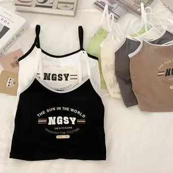 Женский сладкий хлопковый контрастный топ с бюстгальтером и принтом букв внутри и снаружи, универсальный укороченный топ