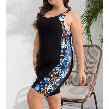 Женский слитный купальник большого размера, Спортивный, Закрывающий до колен, Приталенный, Спортивный купальник с плоским углом XXL синий