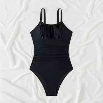 Женский слитный купальник однотонный с драпировкой, новый сексуальный купальник-монокини с открытой спиной на бретелях, боди, купальный костюм для женщин, лето S чёрный