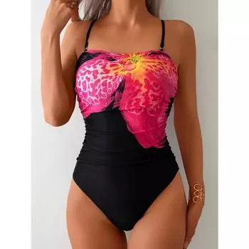 Женский слитный купальник-труба со съемными бретелями - Яркий цветочный принт, Высокоэластичная ткань, Дизайн без спинки, Повседневная пляжная одежда, it XXL чёрный